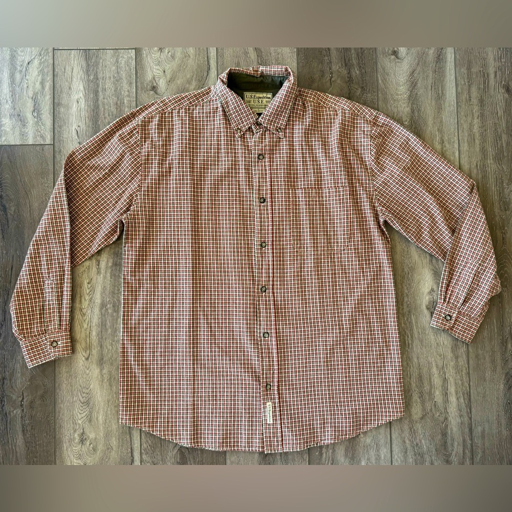 US Expedition Long Sleeve Button Down Shirt Size L Mens Casual Red Plaid Cotton